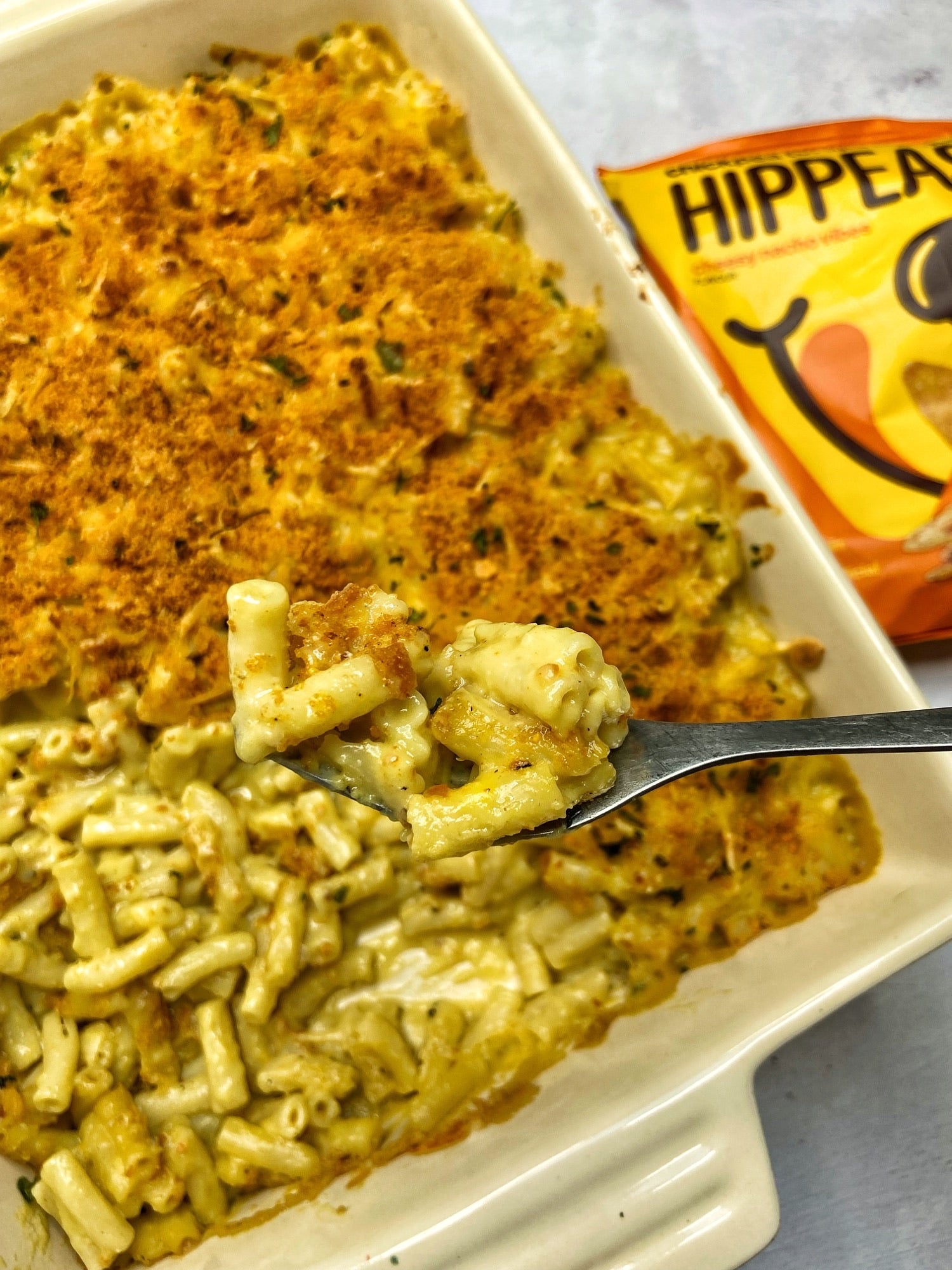 Vegan Mac and Cheese with a Crispy Cheesy Tortilla crumb