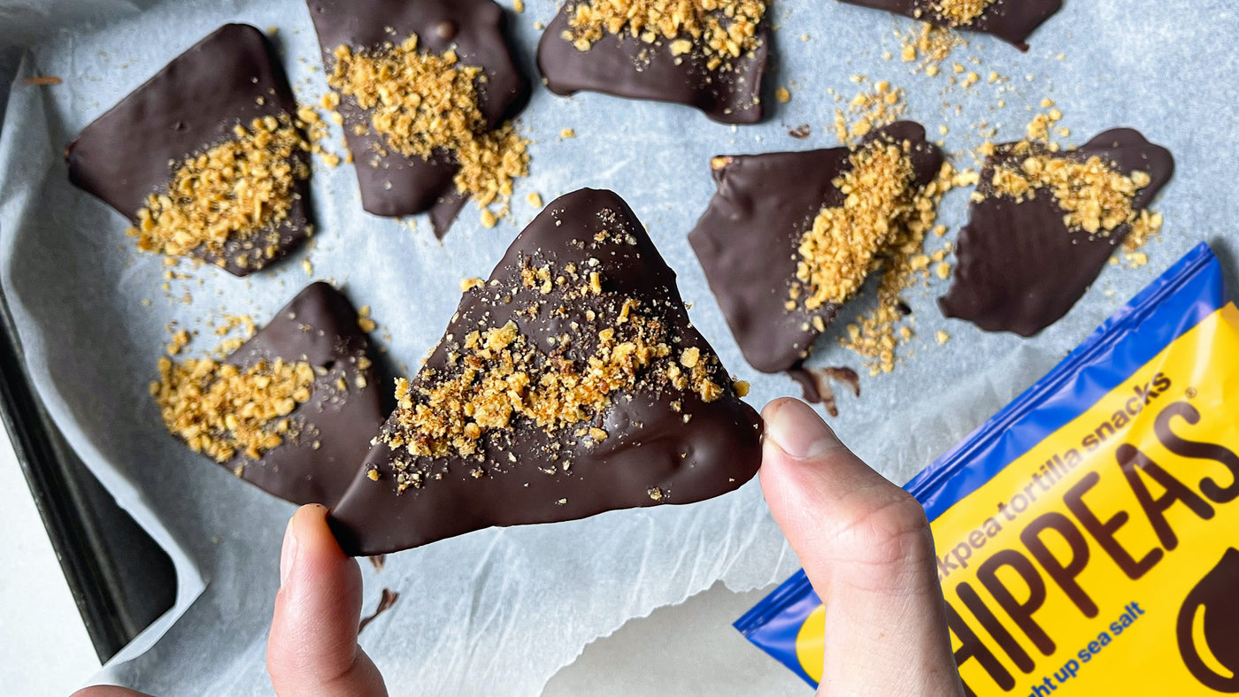 Chocolate covered Straight up Sea Salt Tortilla Chips with a cinnamon crumb